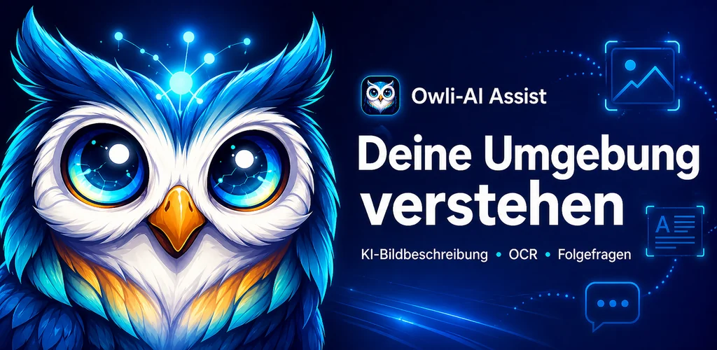 Vorstellungsgrafik von Owli-AI Assist mit Eulenmotiv und Hinweis auf KI-Bildbeschreibung, OCR und Folgefragen