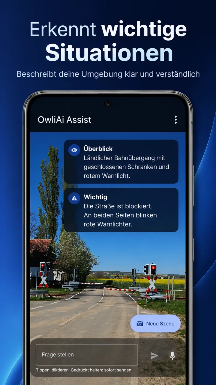 Assist analysiert einen Bahnübergang mit geschlossenen Schranken und zeigt Karten für Überblick und wichtige Warnhinweise