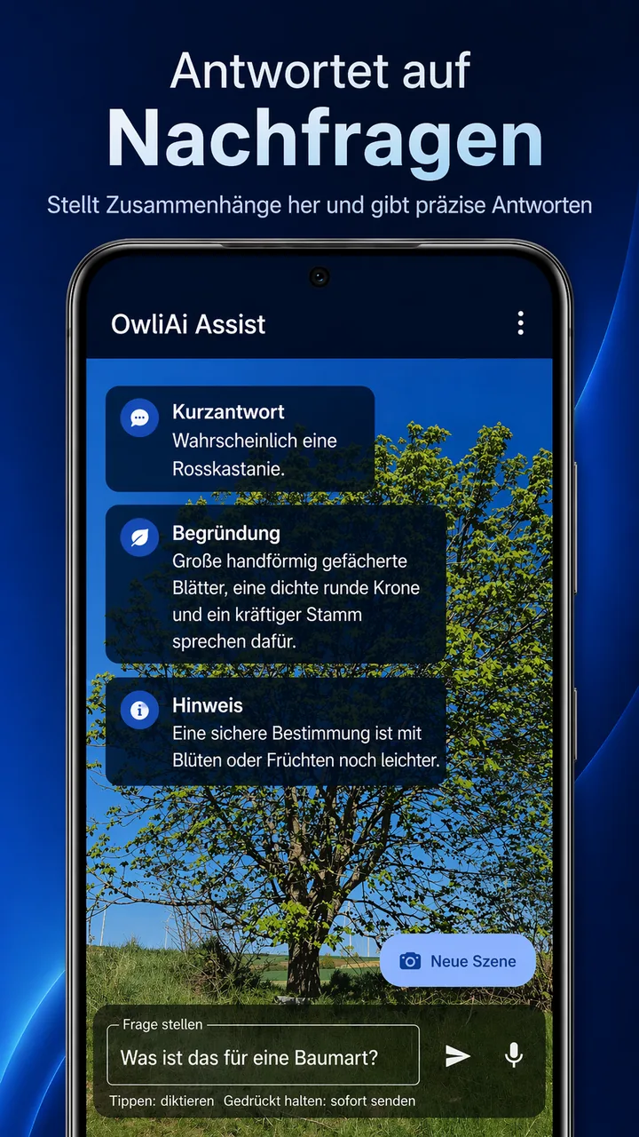 Assist beantwortet eine Rückfrage zur Baumart und zeigt Abschnitte für Kurzantwort, Begründung und Hinweis