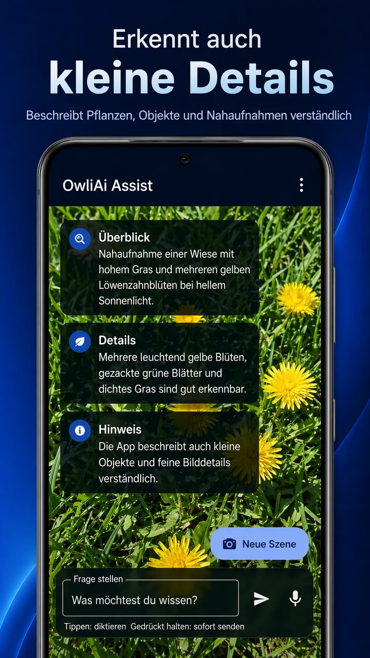 Assist beschreibt eine Nahaufnahme mit Löwenzahnblüten und zeigt Karten für Überblick, Details und ergänzenden Hinweis