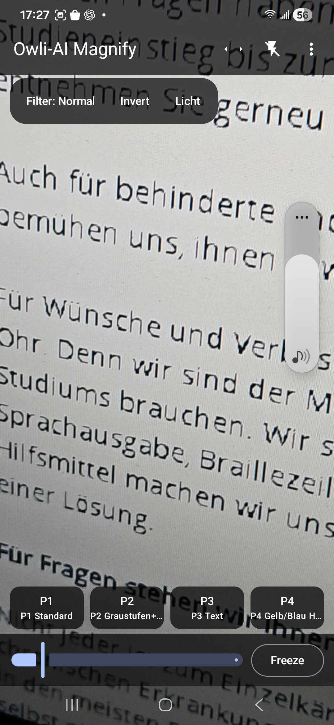 Startansicht von Owli-AI Magnify mit aktivem Kamera-Zoom