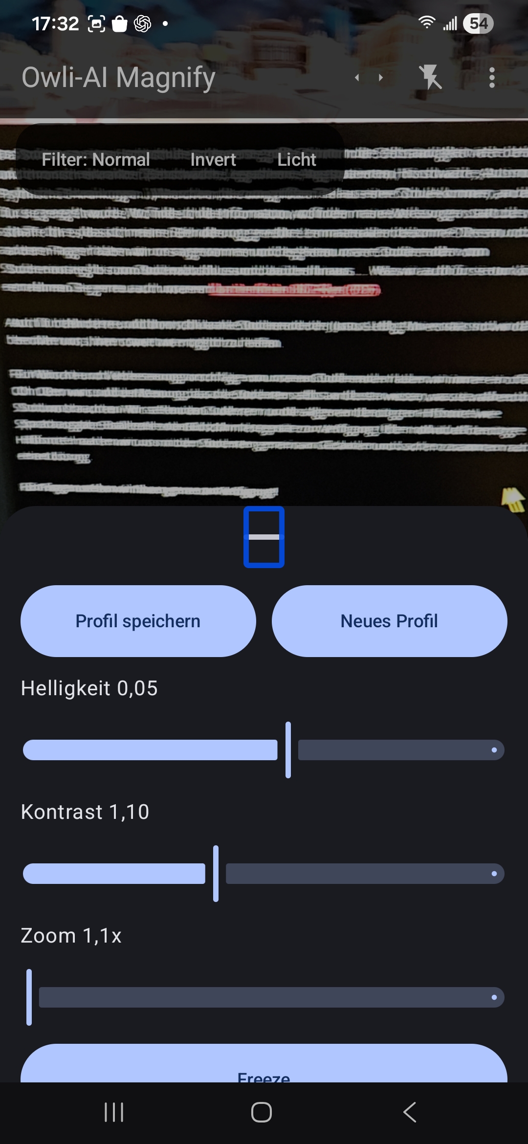 Freeze-Funktion in Owli-AI Magnify fuer ruhige Detailansicht