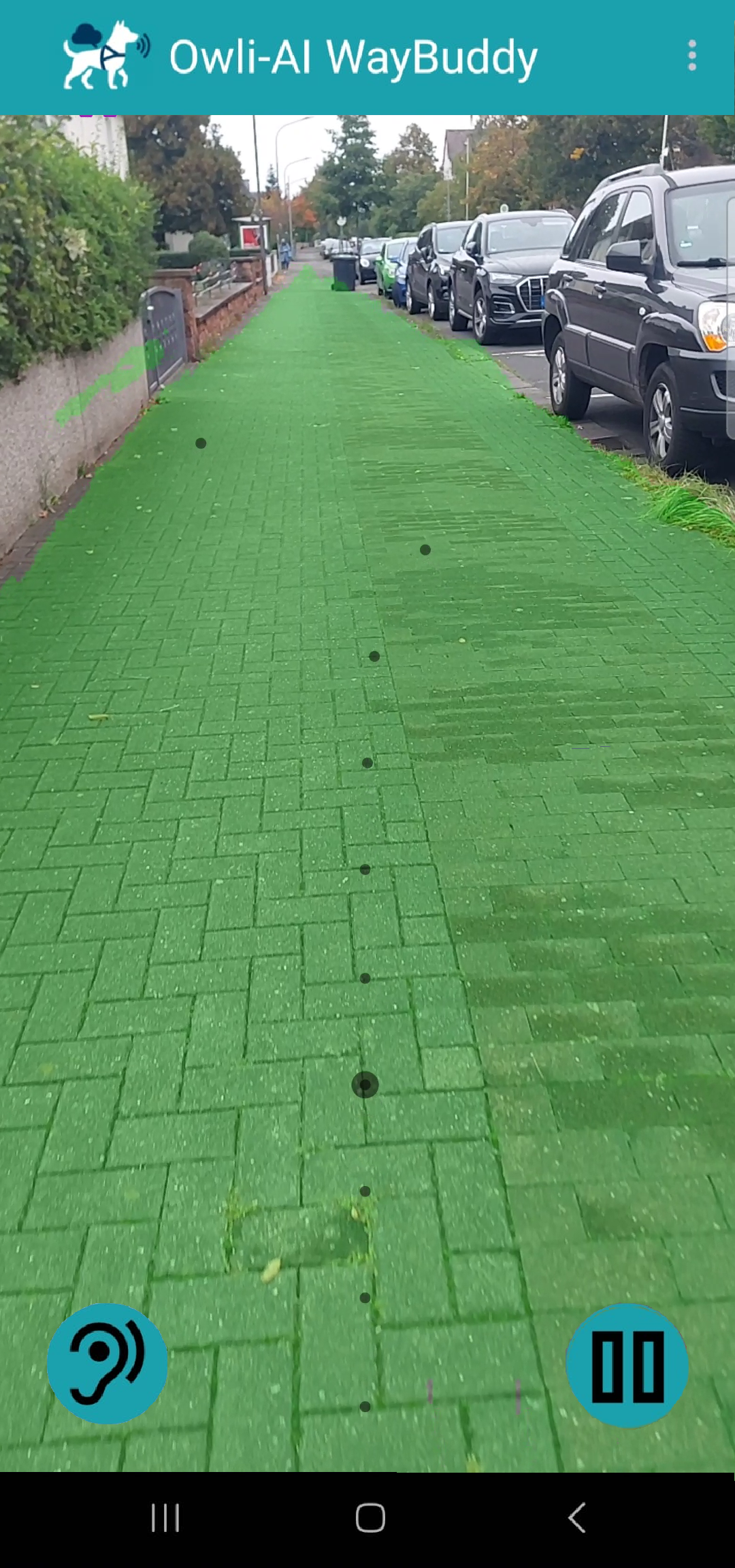 Way-Buddy erkennt einen geraden Gehweg zwischen parkenden Autos und markiert die empfohlene Laufroute