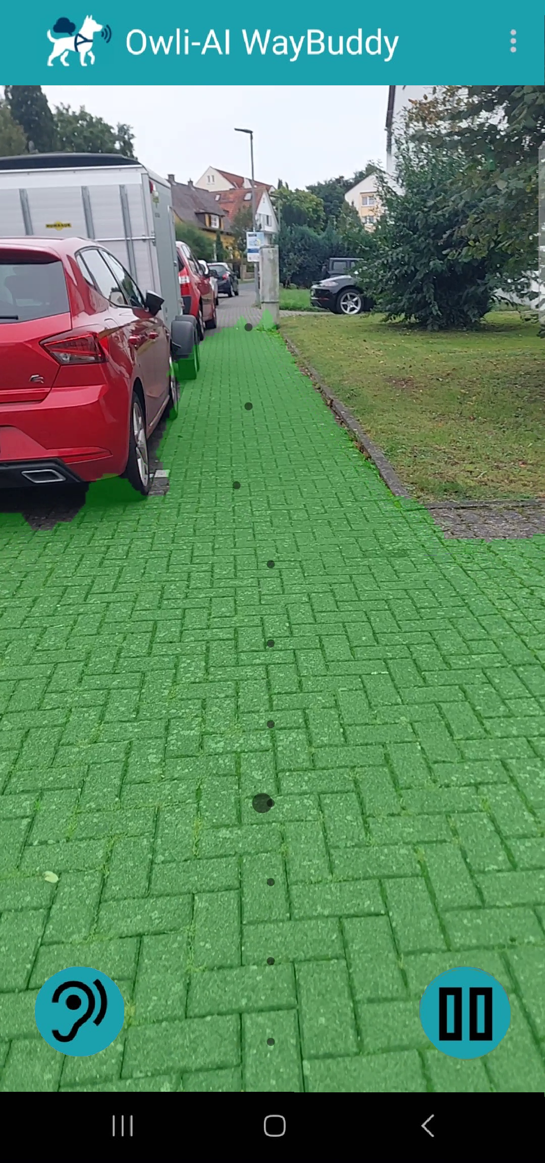 Beispiel fuer die Wegerkennung von Way-Buddy an einer schmaleren Gehwegstelle mit parkenden Fahrzeugen