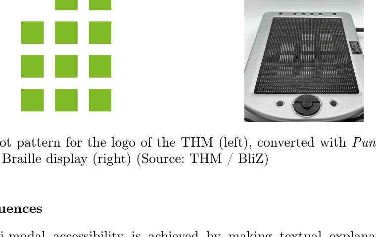 Punktmuster des THM-Logos neben einem Braille-Display fuer taktile Ausgabe.